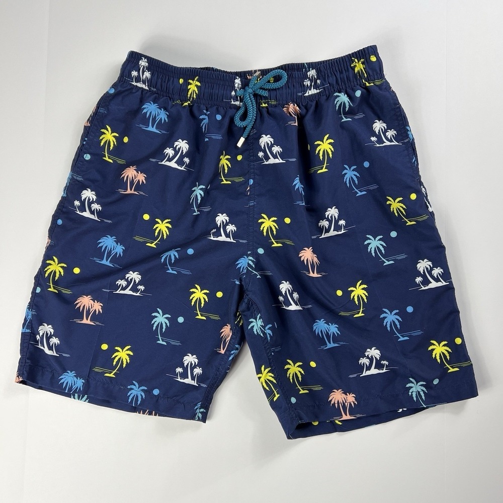 Kailua Surf Men's Long Swim Trunks Quick Dry, Mesh Lining, Large Blue Palm Tree